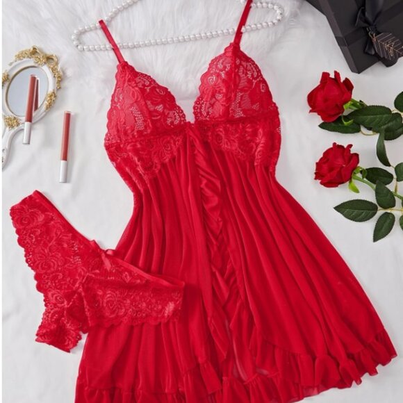 Plus Size Sexy Mesh Splicing Front Open Button Halter Dress Set - Picture 1 of 4